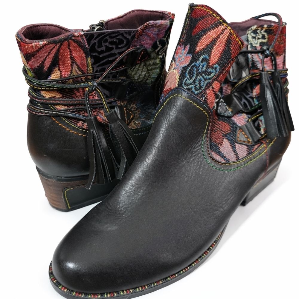 L'ATISTE Vintage Leather‎ Boho Floral Ankle Boots Sz 37 7